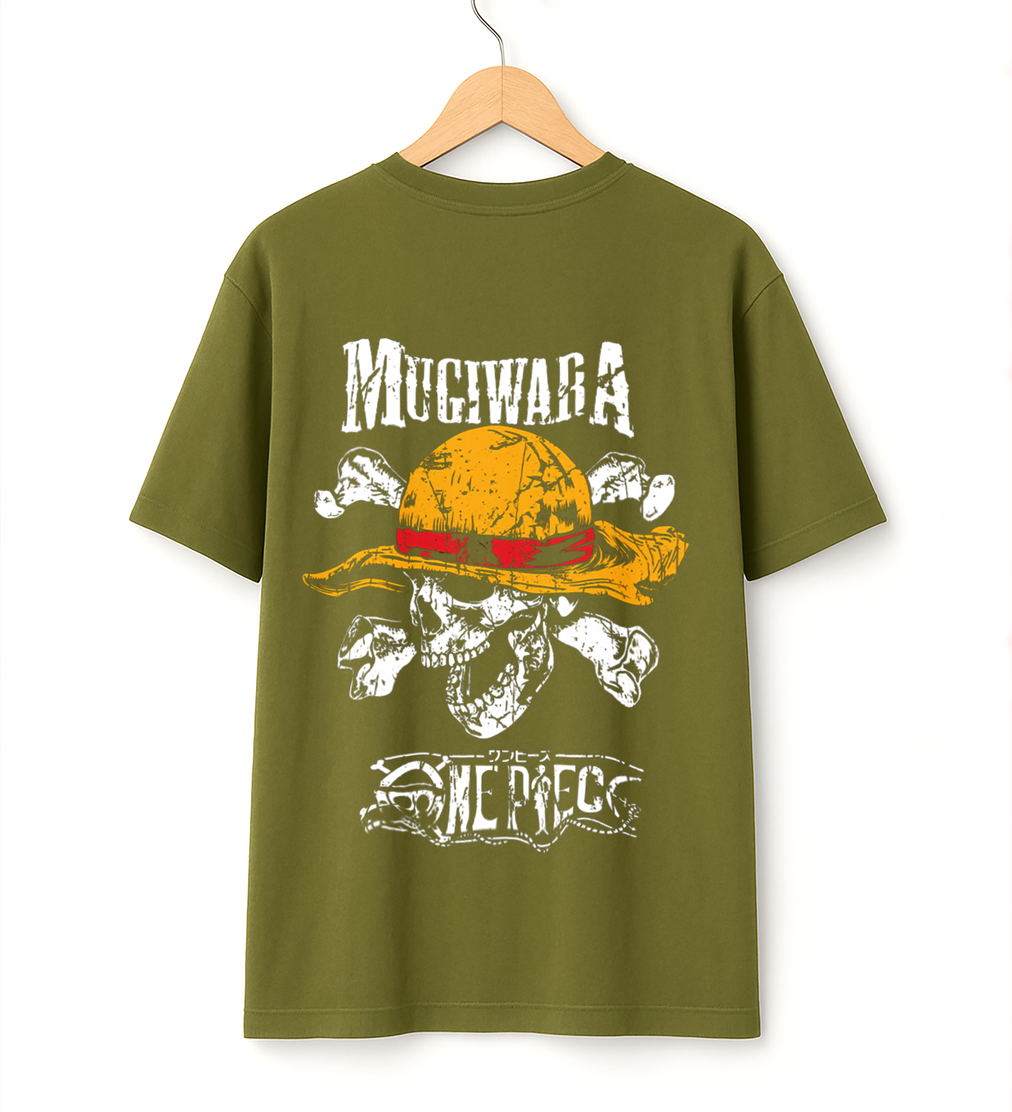 Legacy of the Straw Hat – Oversized Drop Shoulder One Piece Anime T-Shirt back olive Straw Hat – Oversized Drop Shoulder One Piece Anime T-Shirt